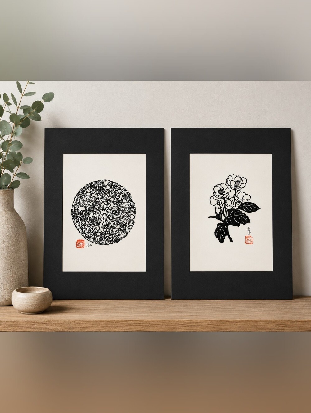Set of 2 Botanical Laser Cut Paper Art Prints with Black Mats